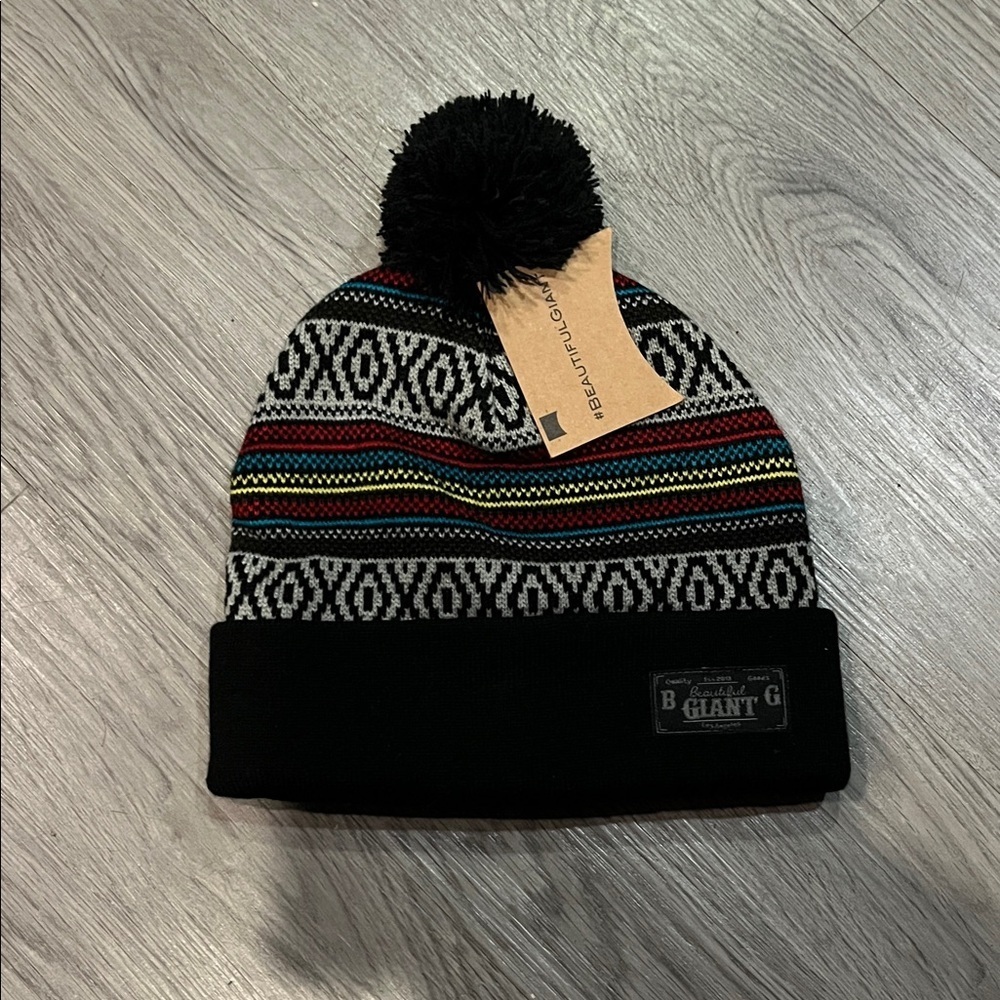 Black and Multicolor Patterned Beanie with Pom Pom